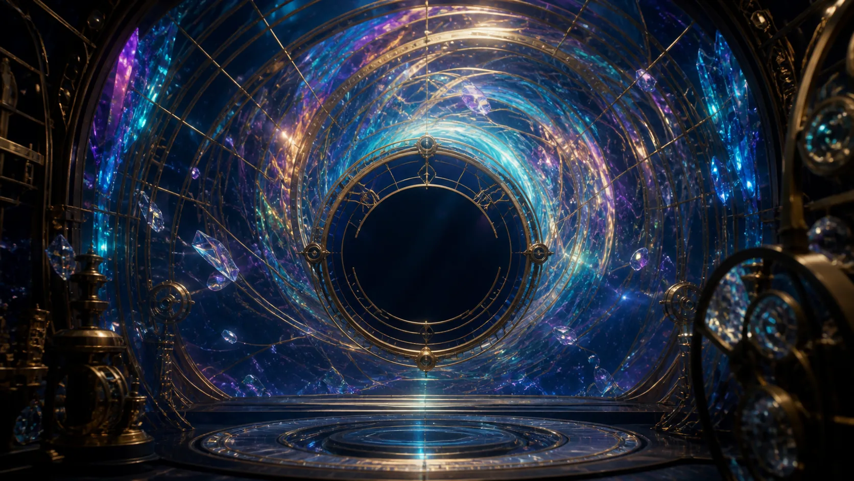 Deep blue clockwork rings around a radiant opening