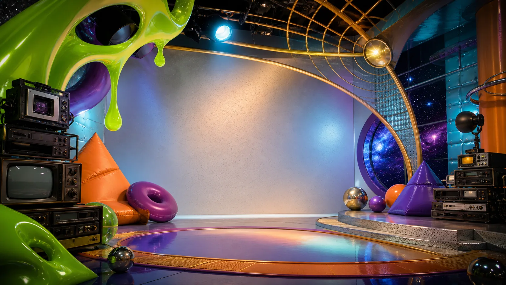 A colorful studio filled with bright sculptural paint forms