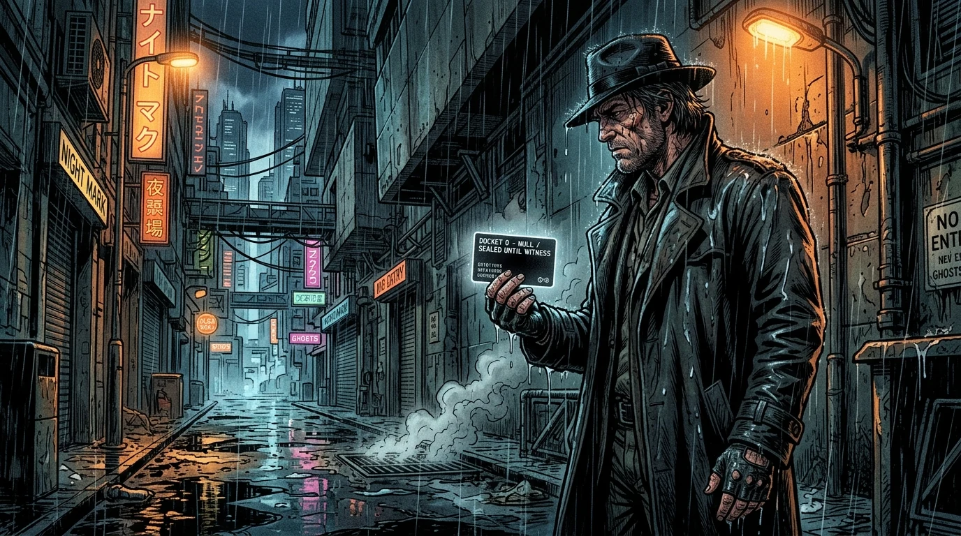 Uncle Vorath standing in District 9 rain inspecting the glowing obsidian affidavit wafer