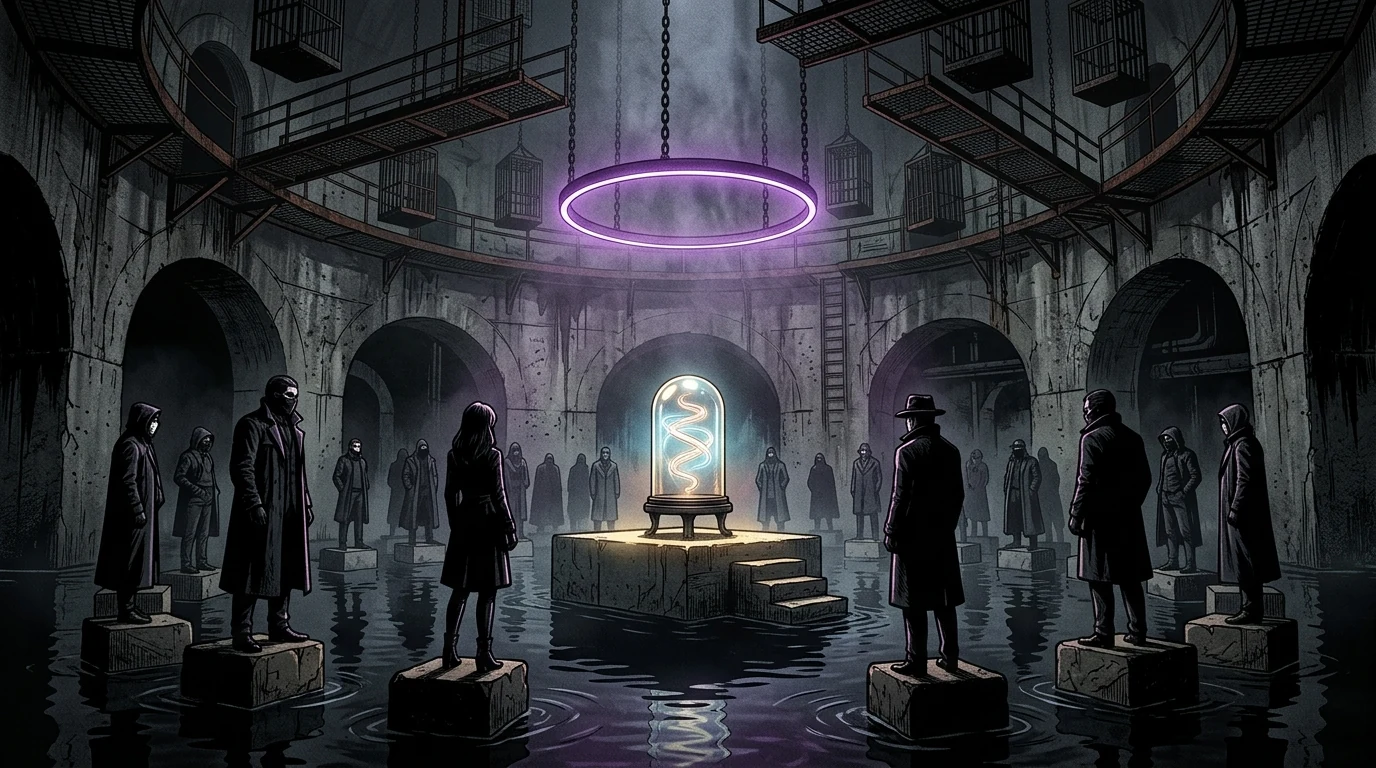 The Undervault subterranean cistern auction floor with buyers on plinths and time filament in bell jar