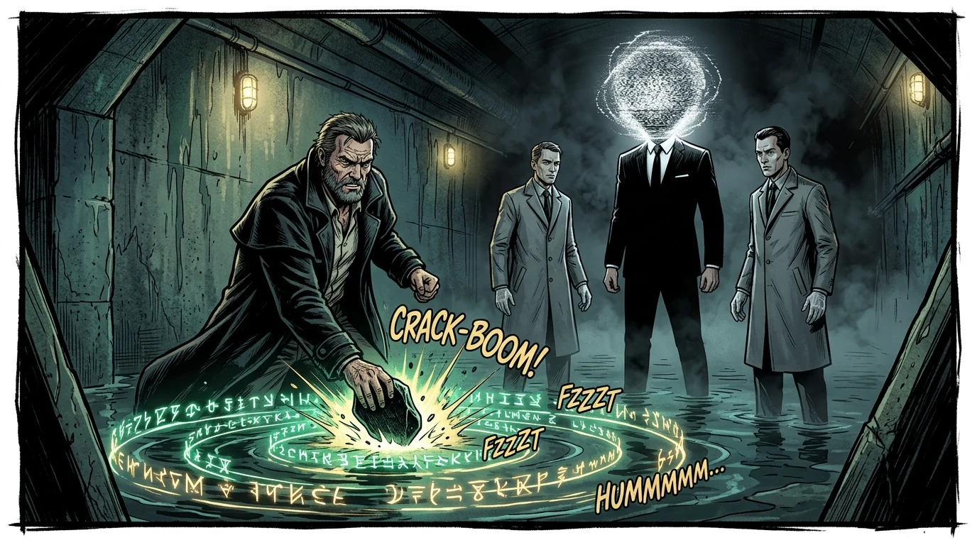 Vorath discharging the obsidian docket seal into the water as the Chronomancers and The Gap look on