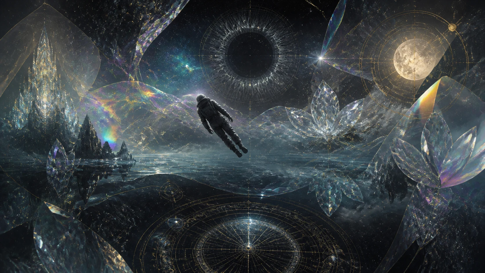 A lone astronaut drifting through a crystalline cosmic seascape beneath a vast celestial eye