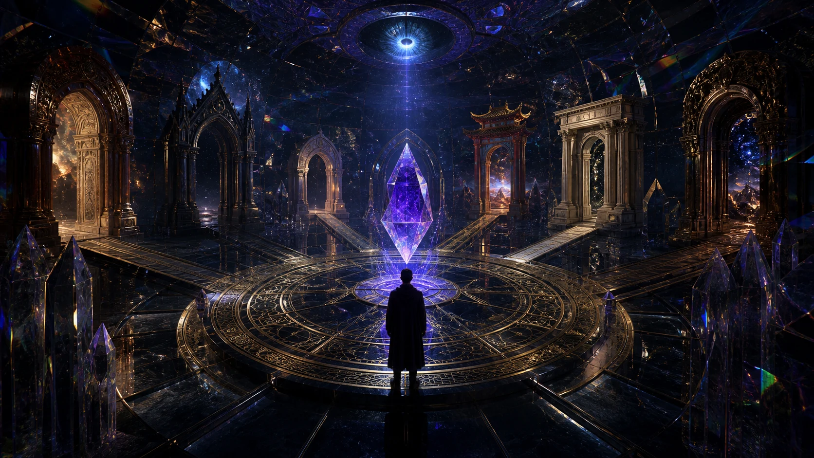 A figure studying a violet crystal in an ancient cosmic observatory