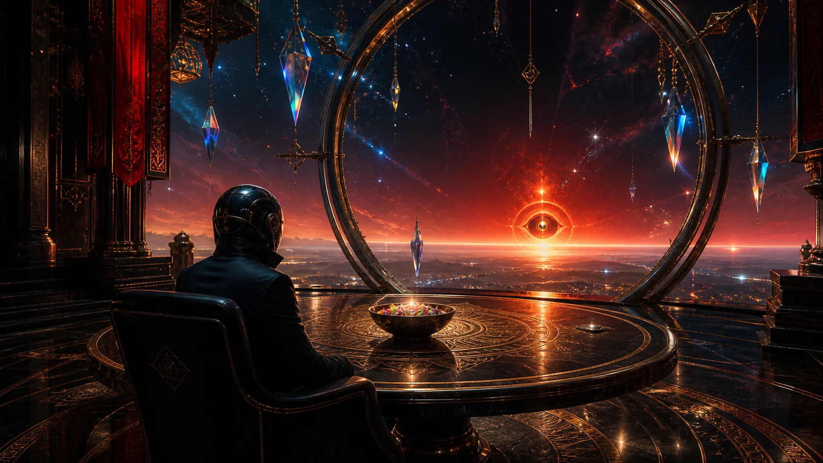 A seated witness facing a burning eye on a red cosmic horizon