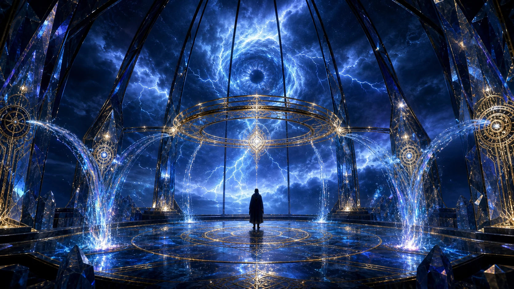 A lone silhouette inside a blue crystalline observatory during an electric storm