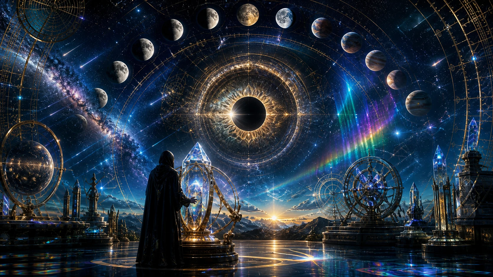 Moon phases orbiting an immense jeweled eye above a cosmic instrument