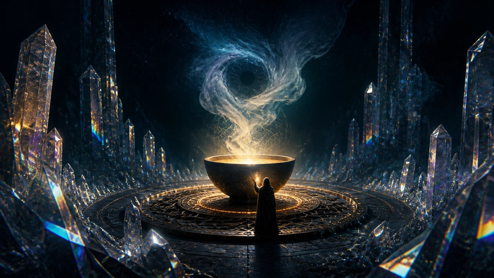 A luminous primordial vessel steaming inside a crystal cavern