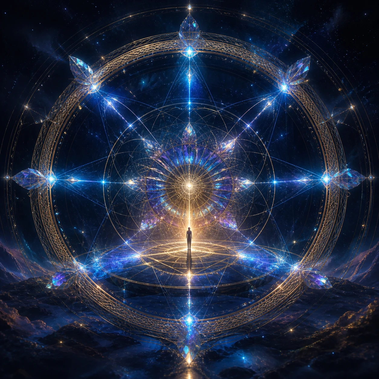 A figure within an intricate blue and gold geometric sphere
