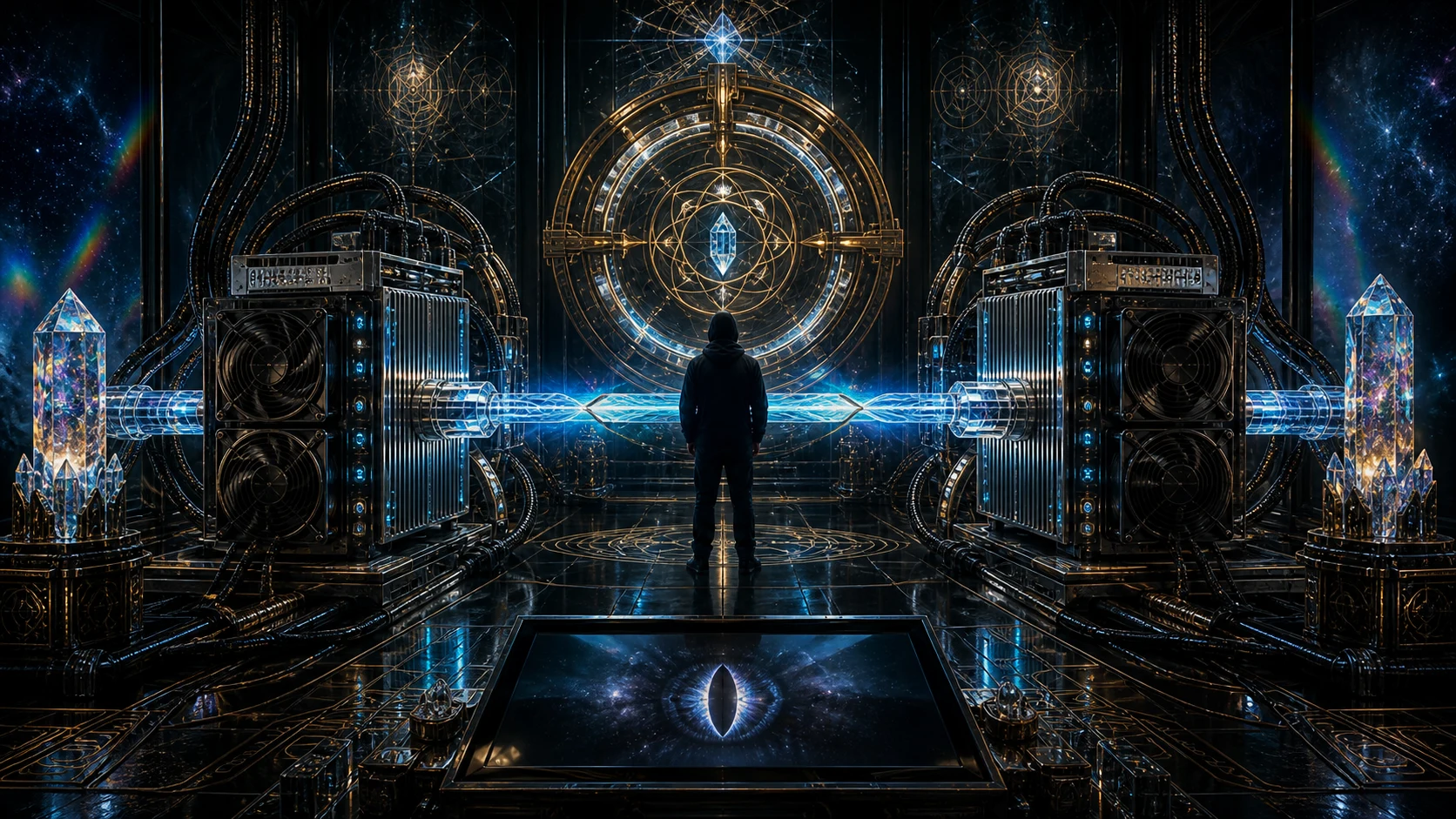 A witness before a cosmic network portal and luminous machinery