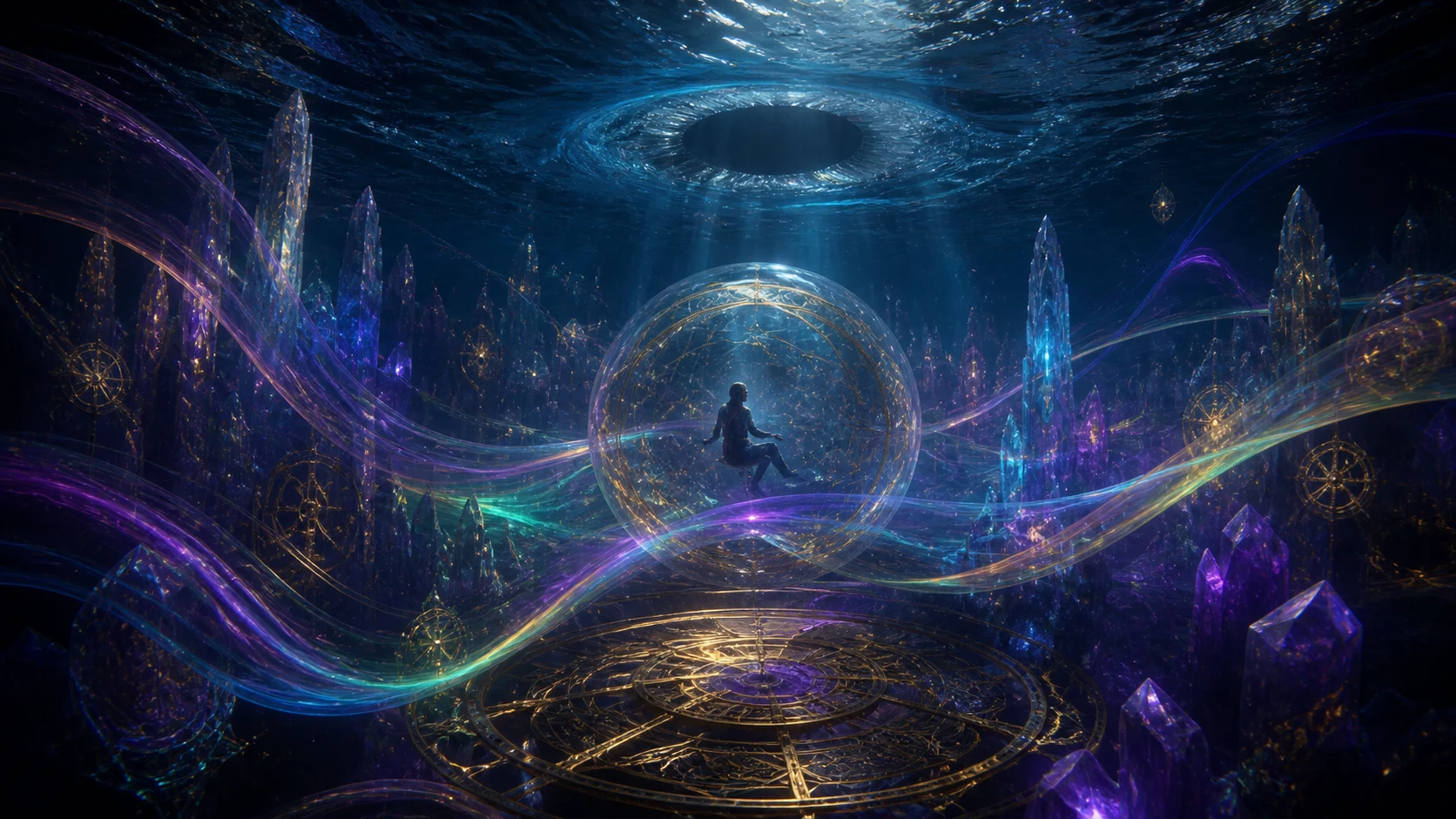 Rainbow ribbons crossing a crystalline dream city beneath a dark vortex