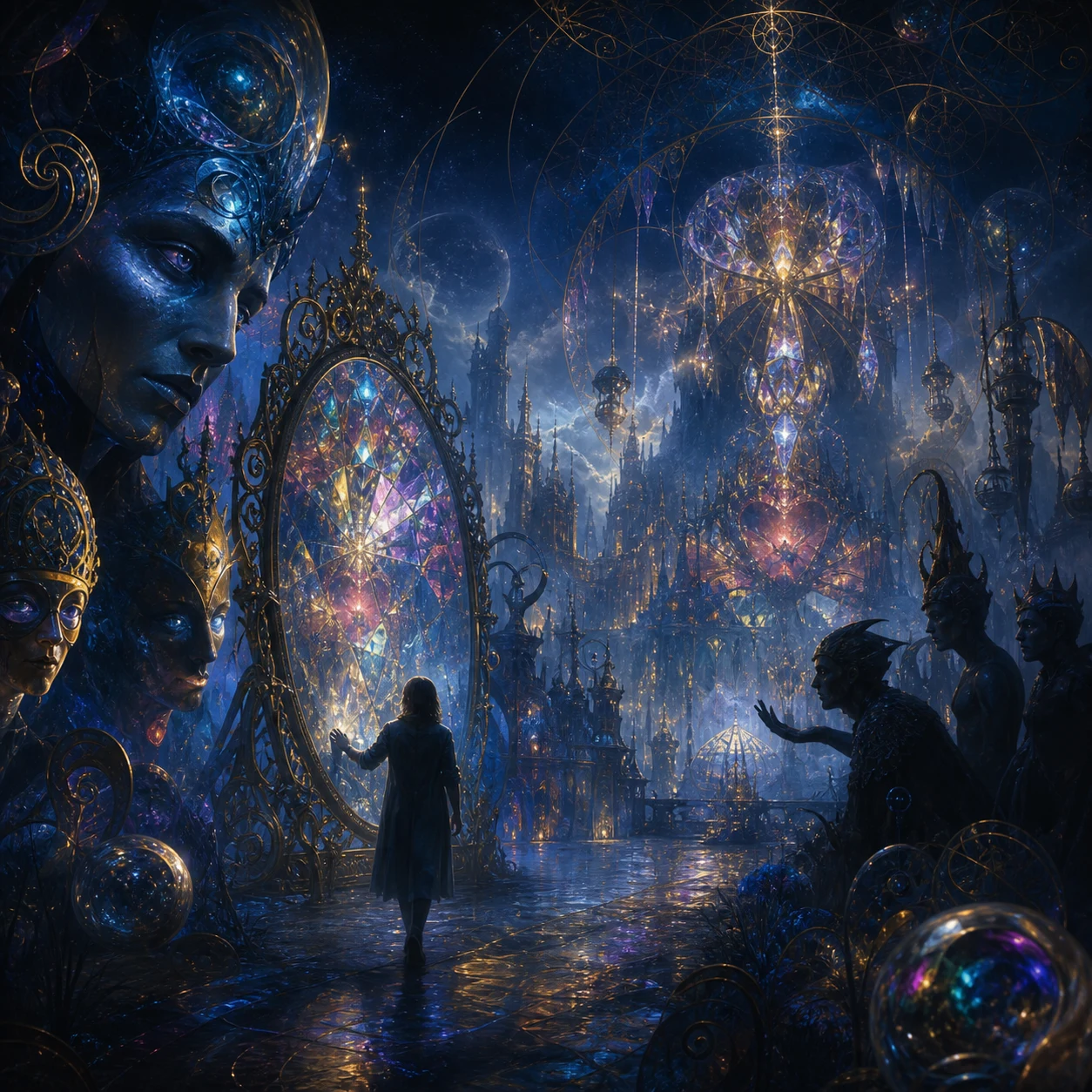 A blue figure presiding over an ornate crystal carnival