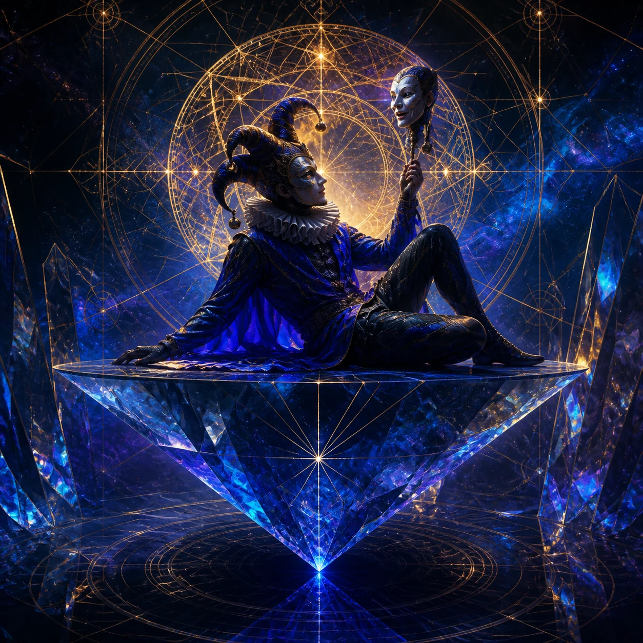 A surreal crowned creature reclining on a crystalline geometric throne