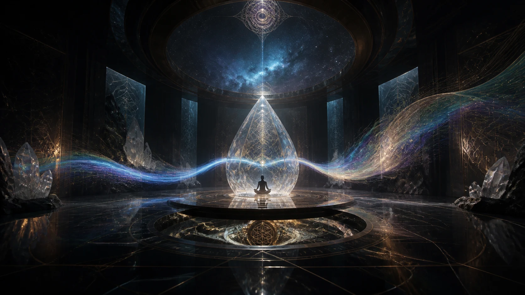 A small meditator beneath a radiant crystal within a dark ceremonial chamber