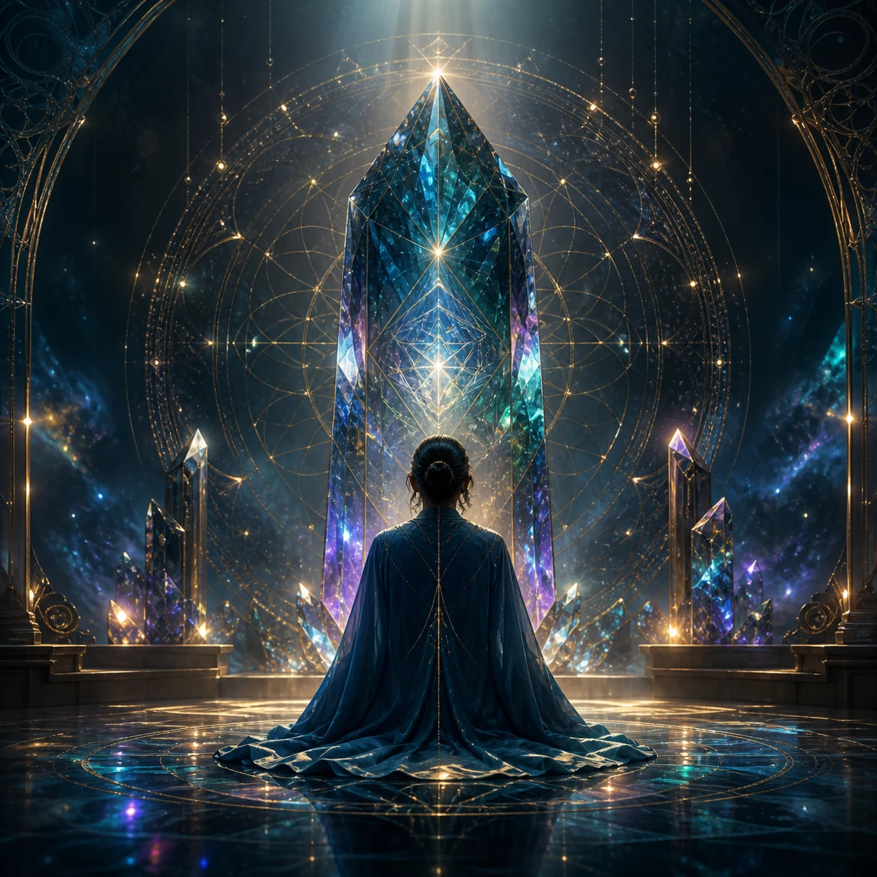 A robed observer facing a towering crystal instrument