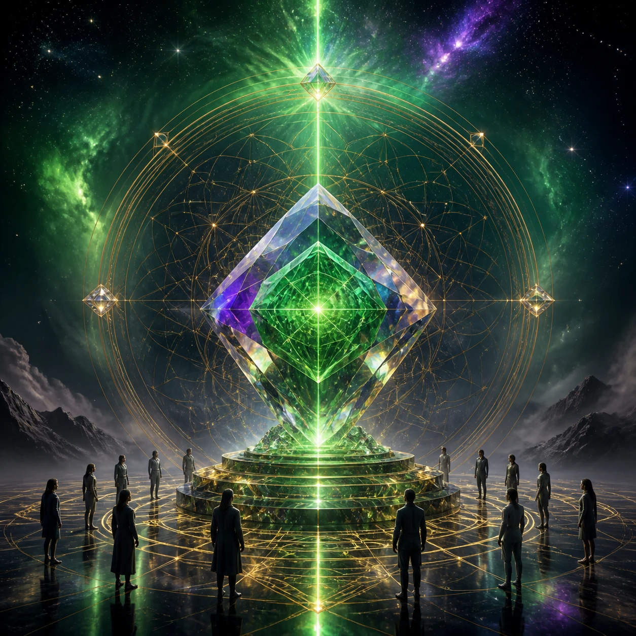 A green prismatic machine suspended over a ceremonial platform