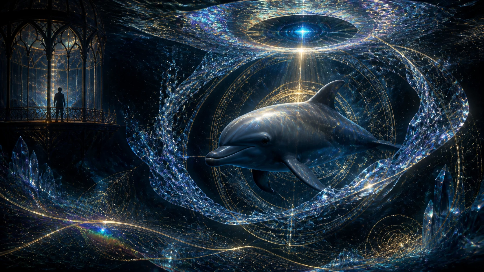 A dolphin swimming through circular crystalline dimensions