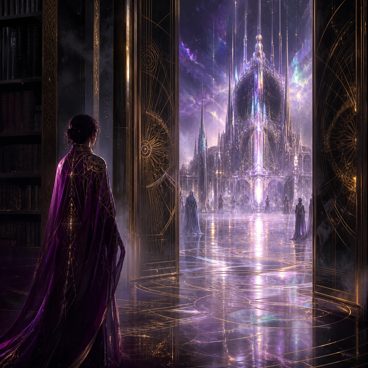 A cloaked figure opening a luminous violet portal from a dark library