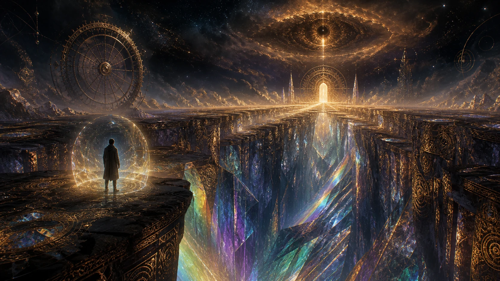 A traveler at the edge of a vast radiant chasm