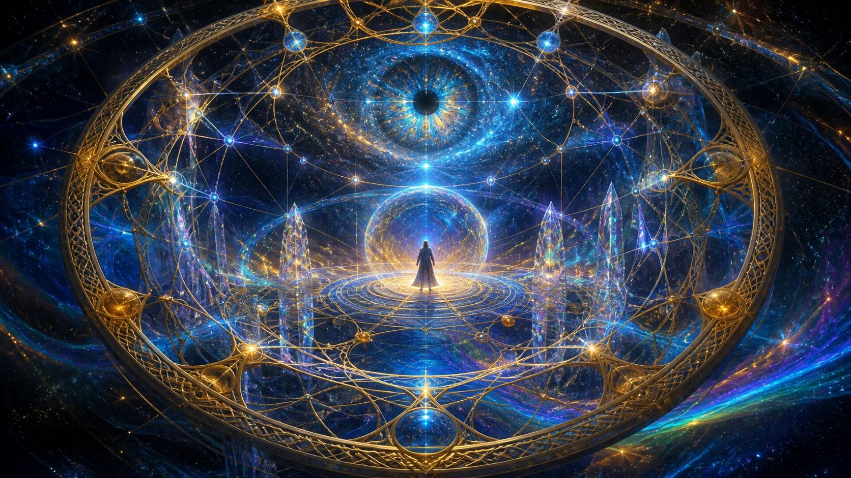 A figure inside an immense celestial lattice of gold and blue light