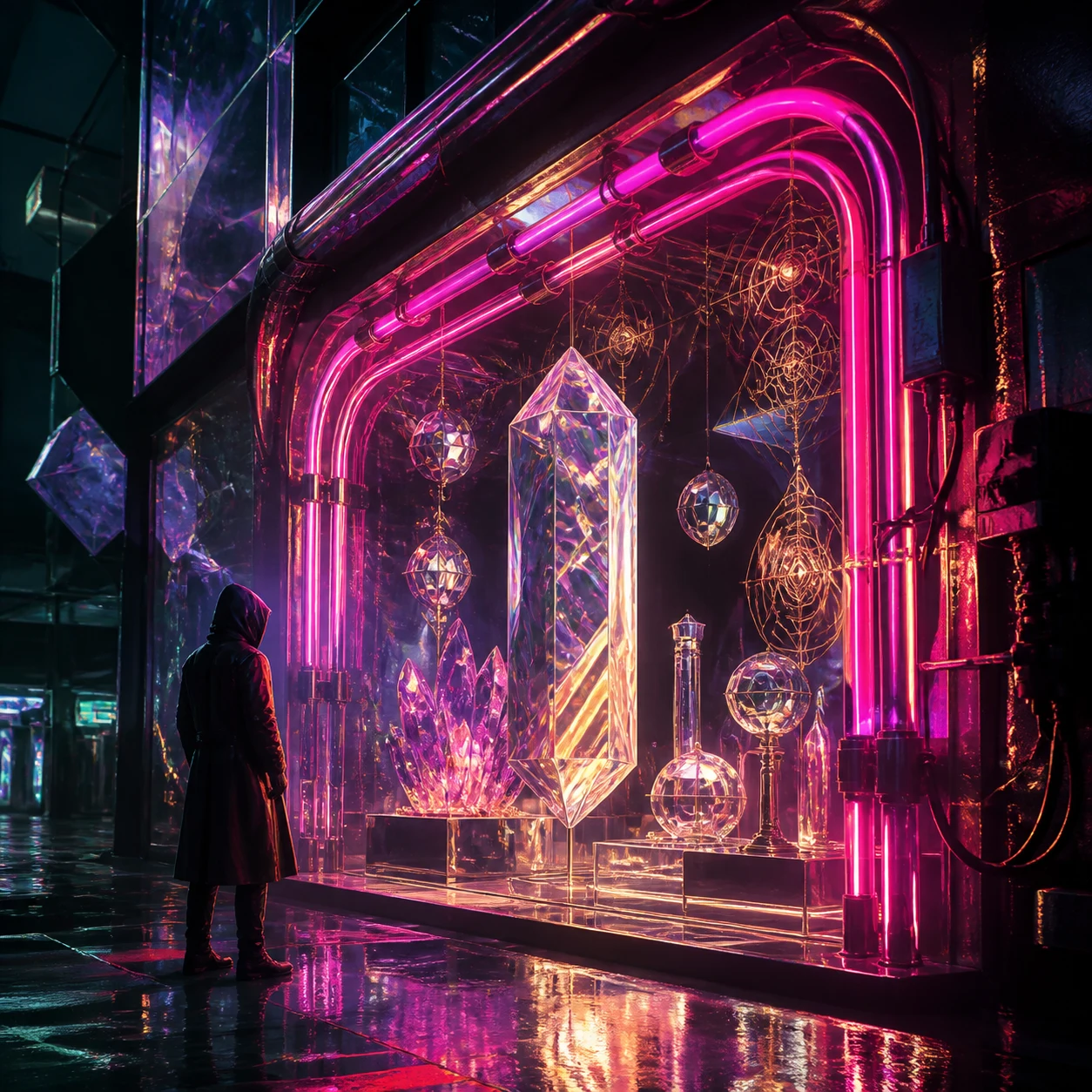 A physical neon-lit crystal portal inside a dark storefront