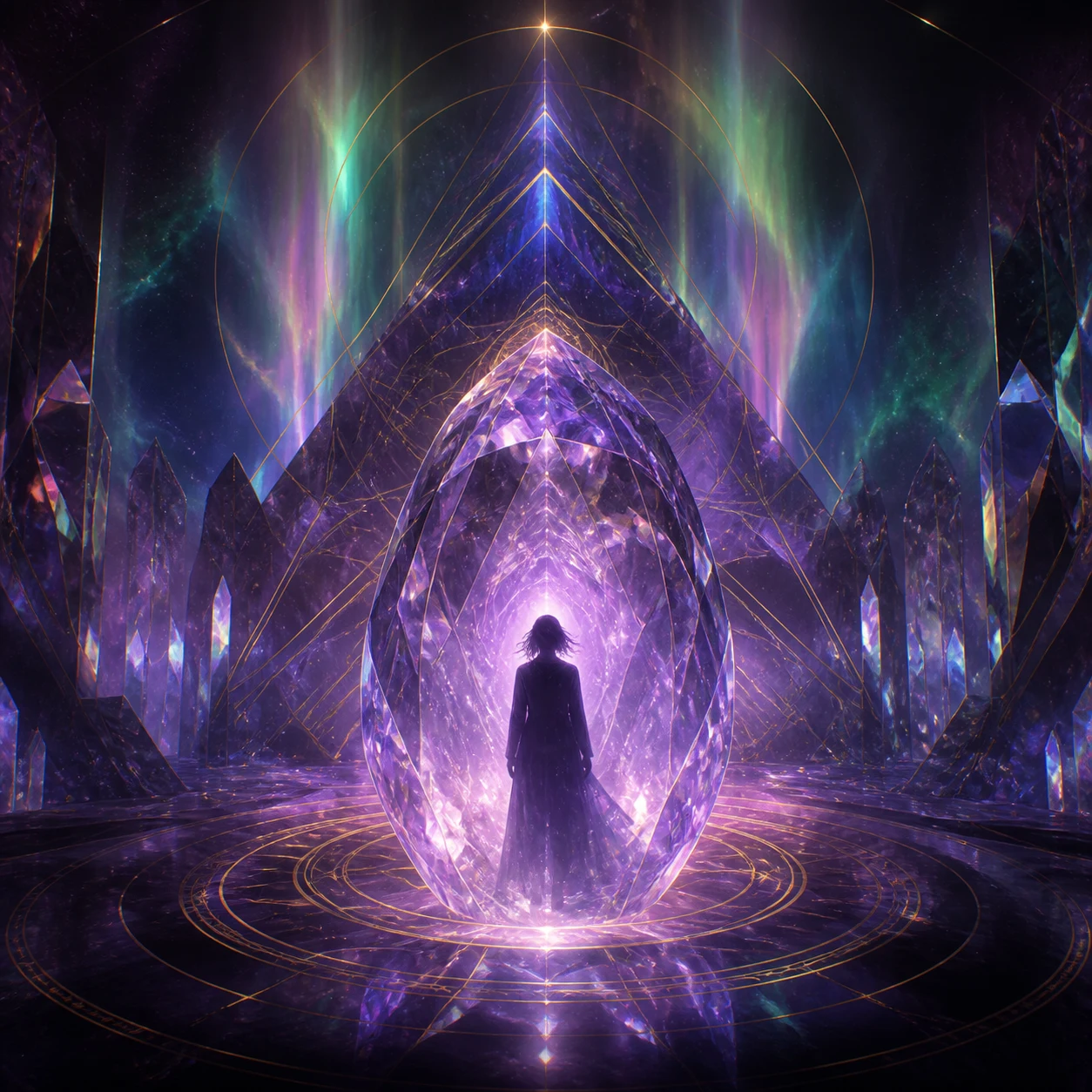 A silhouette entering an enormous violet crystalline chamber