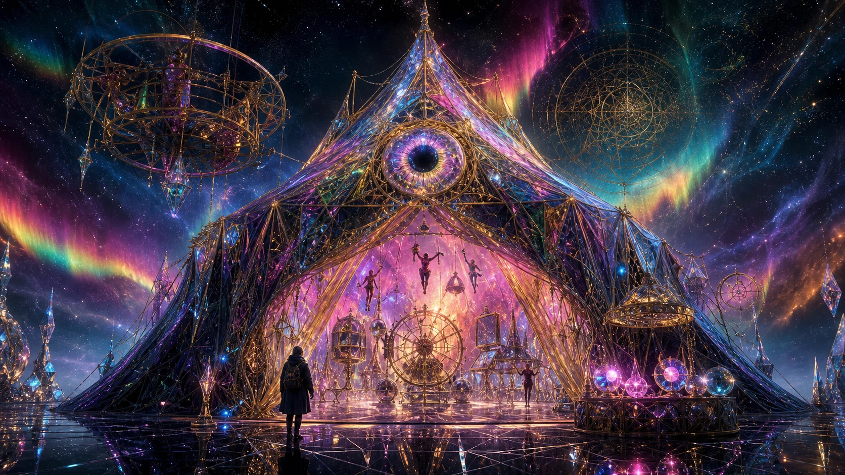 A rainbow crystalline carnival beneath an occult celestial canopy