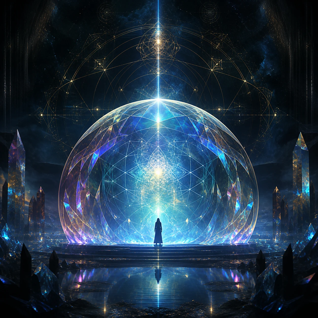 A lone figure before a luminous crystal sphere and distant city