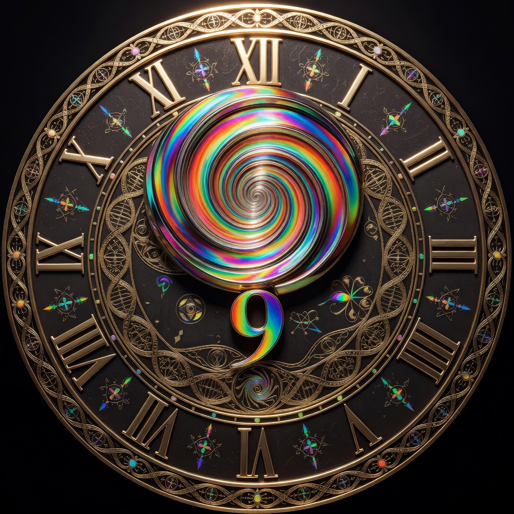 A gold and rainbow clock-like artifact