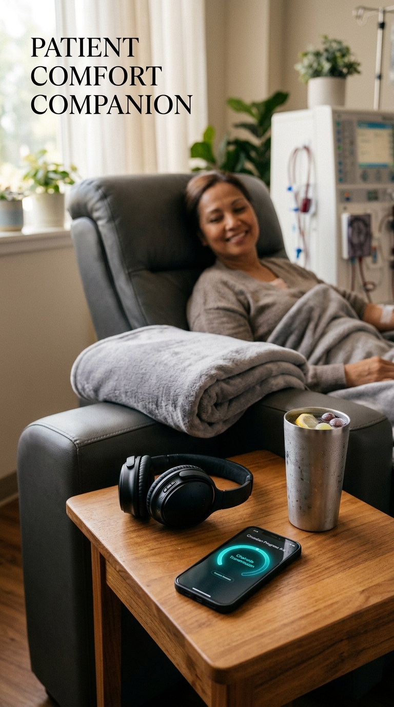 Cozy dialysis recliner companion with glowing phone arc