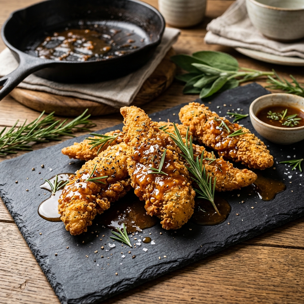 Golden crispy tenders on dark slate
