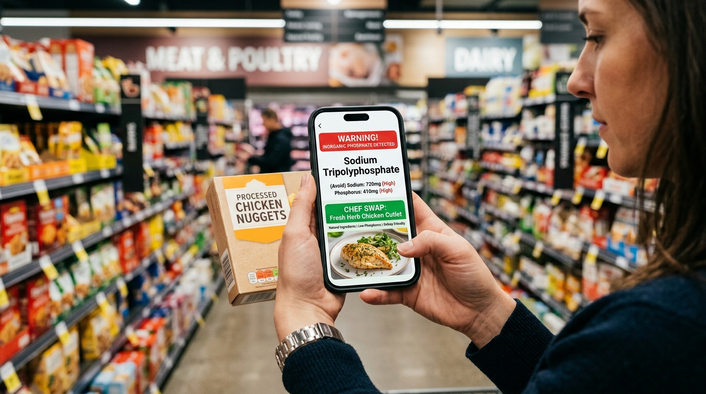 Shopper scanning ingredient label with RenalShield camera reader