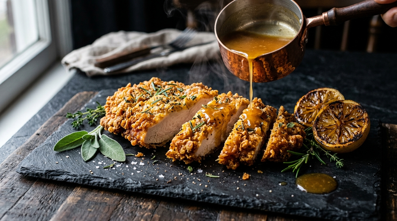 Crispy Herb-Crusted Chicken Cutlet with savory pan reduction on dark slate