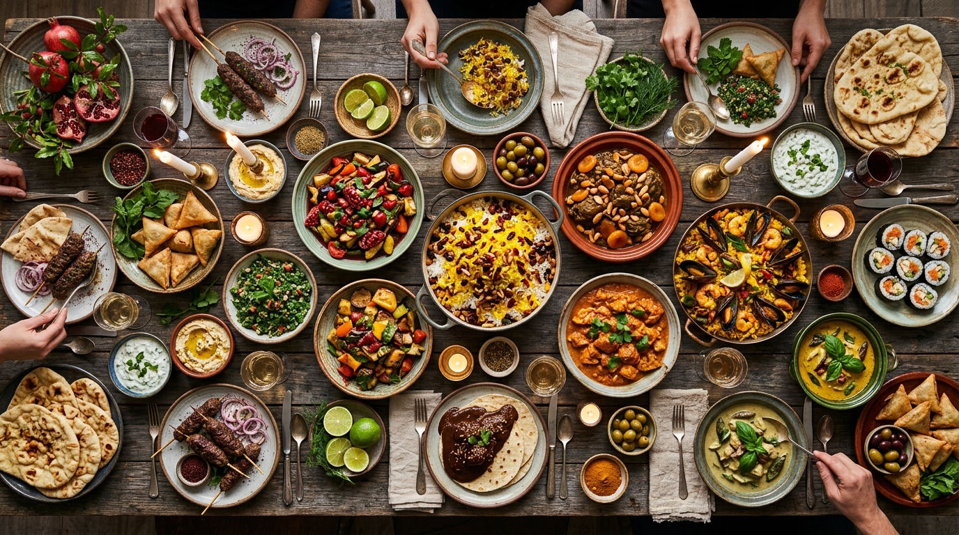 Aerial banquet of global cultural dishes