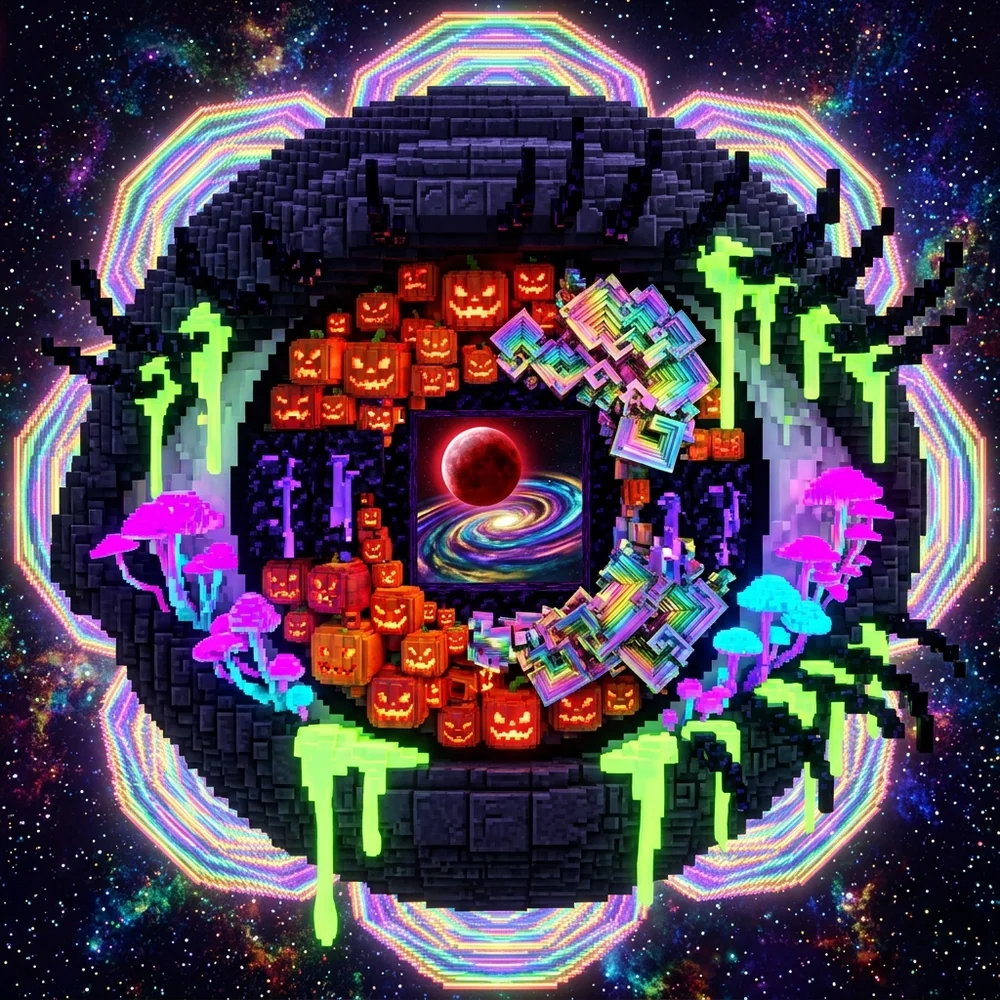 Acid-Voxel Halloween 45-Design Art and Sticker Book cover with isometric jack-o'-lantern labyrinth and rainbow bismuth crystals