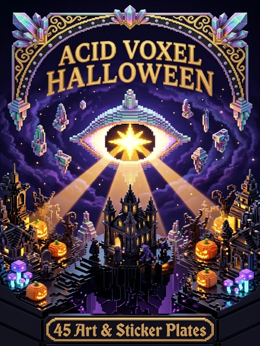 Acid-Voxel Halloween 45-Design Collector Pack cover with UV-blacklight voxel jack-o'-lantern cathedral and bismuth crystals
