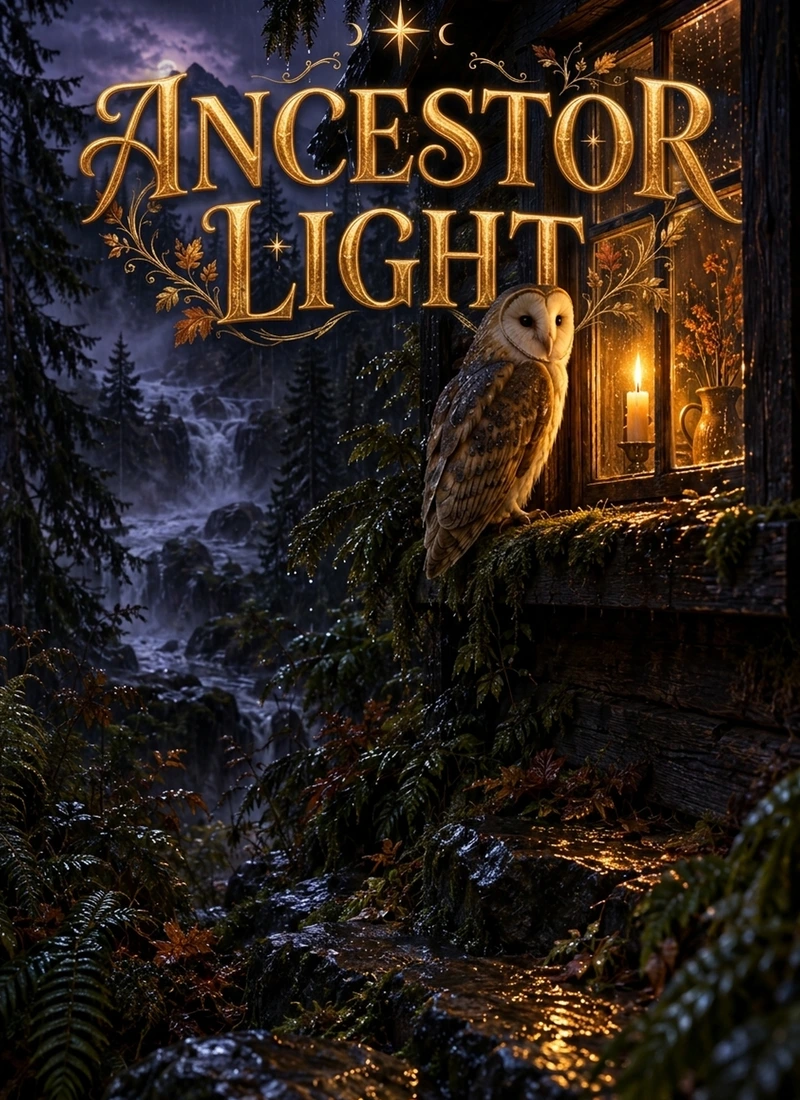 A barn owl beside a candlelit cabin window on a gold-lettered forest cover