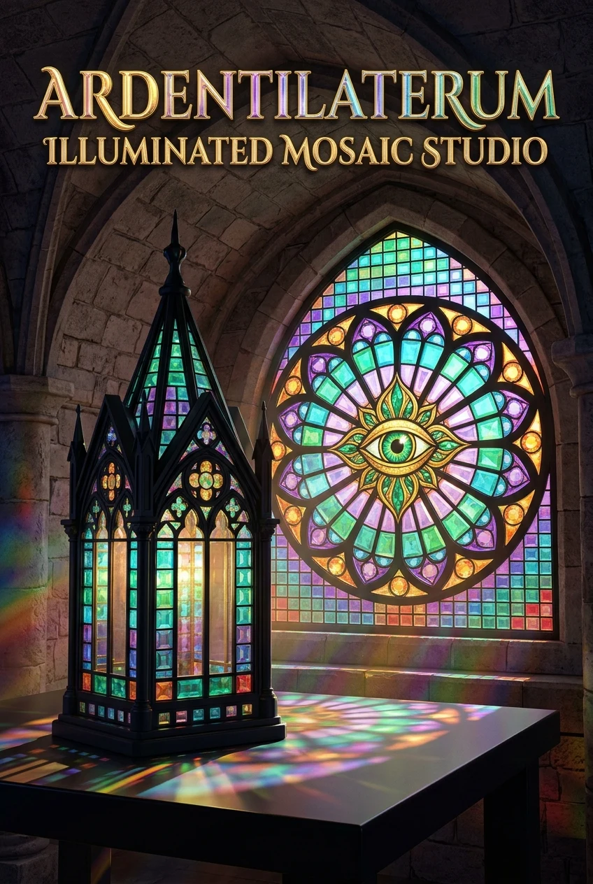 Ardentilaterum Illuminated Mosaic Studio cover with a backlit stained-glass brick shrine lantern and rose window