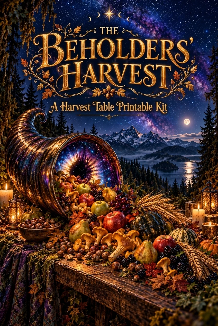 The Beholders' Harvest cover: gold-lettered title above a cornucopia that opens into a galaxy over a moonlit mountain harvest table