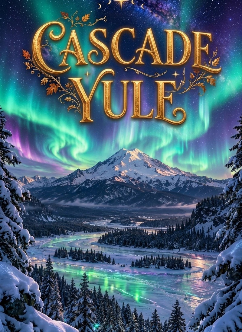 Gold Cascade Yule lettering over an aurora, snowy mountains and a river