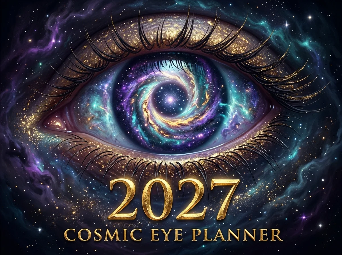 The Cosmic Eye 2027 Digital Planner cover on a tablet with golden stylus and monthly tabs