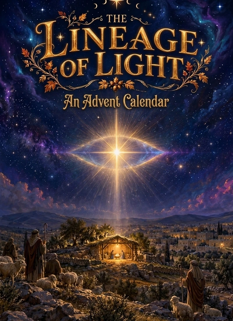 The Lineage of Light Advent Art Calendar cover with a star of light in an eye-shaped glow above shepherds and a lamplit stable at night