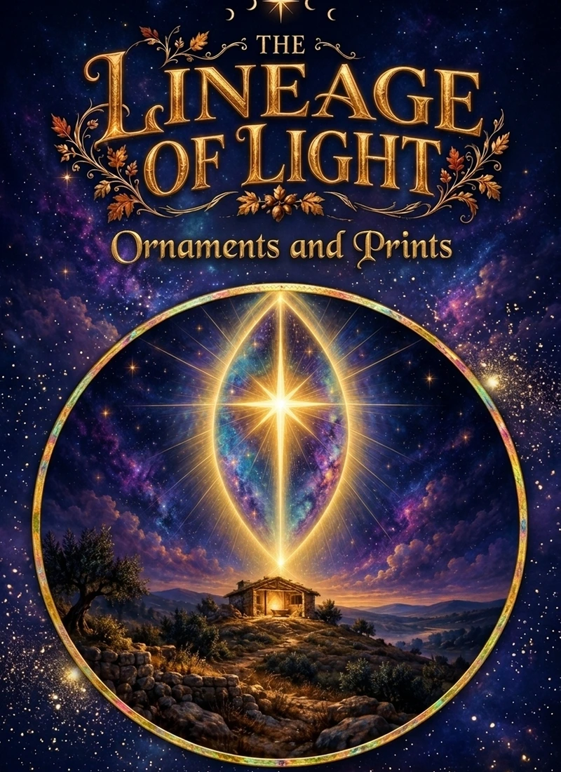The Lineage of Light Ornaments and Prints cover with a snowy owl on a frosted fir branch under the northern lights