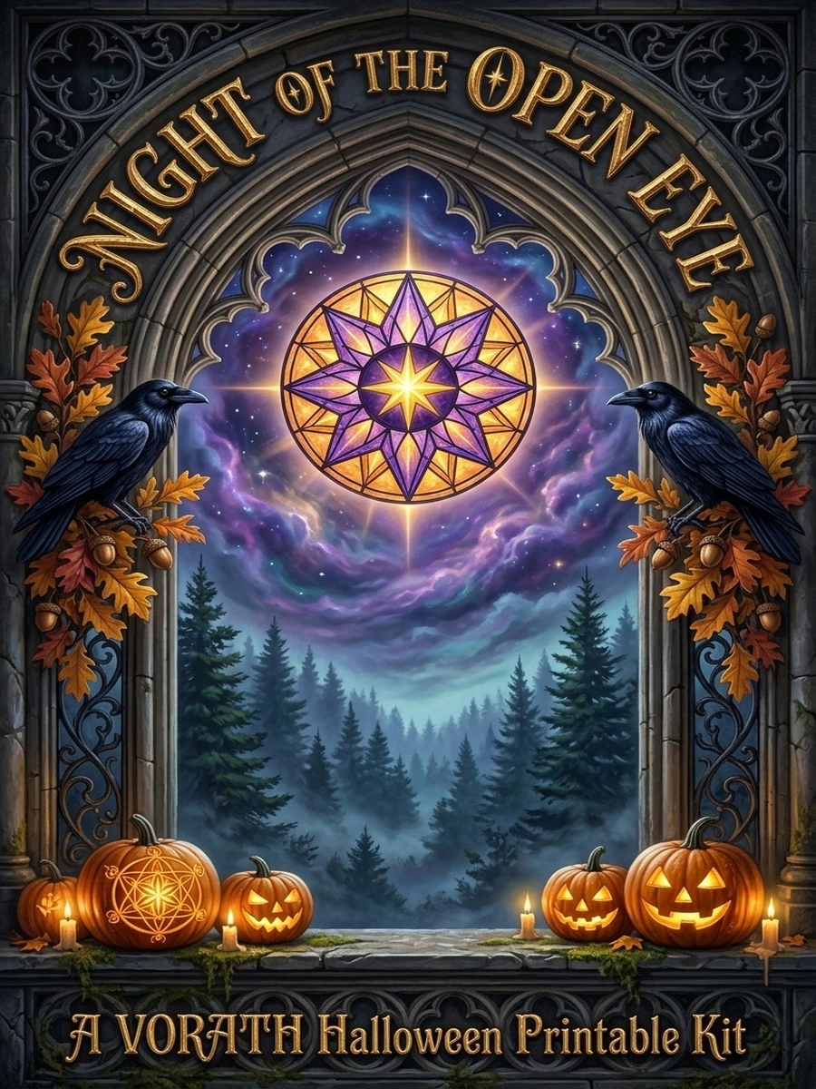 Night of the Open Eye VORATH Halloween Printable Kit cover with Gothic stone archway, cosmic eye portal, and glowing carved jack-o'-lanterns