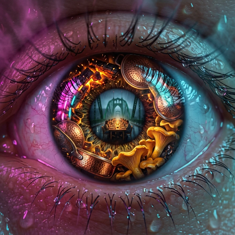 The Eye of Stumptown Rain & Neon Hearth — Oregon chanterelles, hammered copper cookware, and a candlelit bridge dining table inside a macro iris