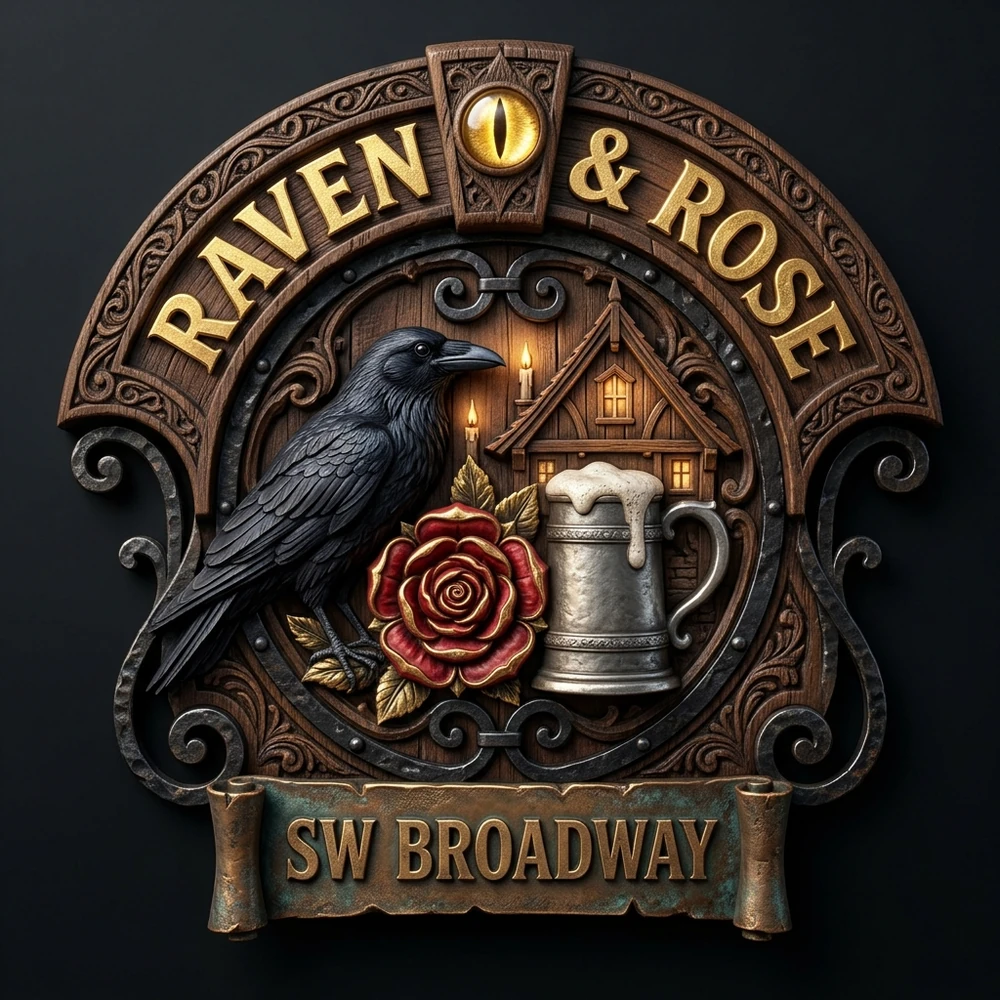 RAVEN & ROSE SW BROADWAY — carved dark oak tavern sign with 24k gold leaf, obsidian raven, crimson Tudor rose, and foaming pewter tankard
