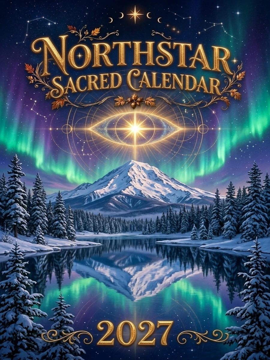 NorthStar Sacred Calendar 2027 cover with 24k gold-leaf embossed title, Pacific Northwest volcano, aurora borealis, and cosmic eye
