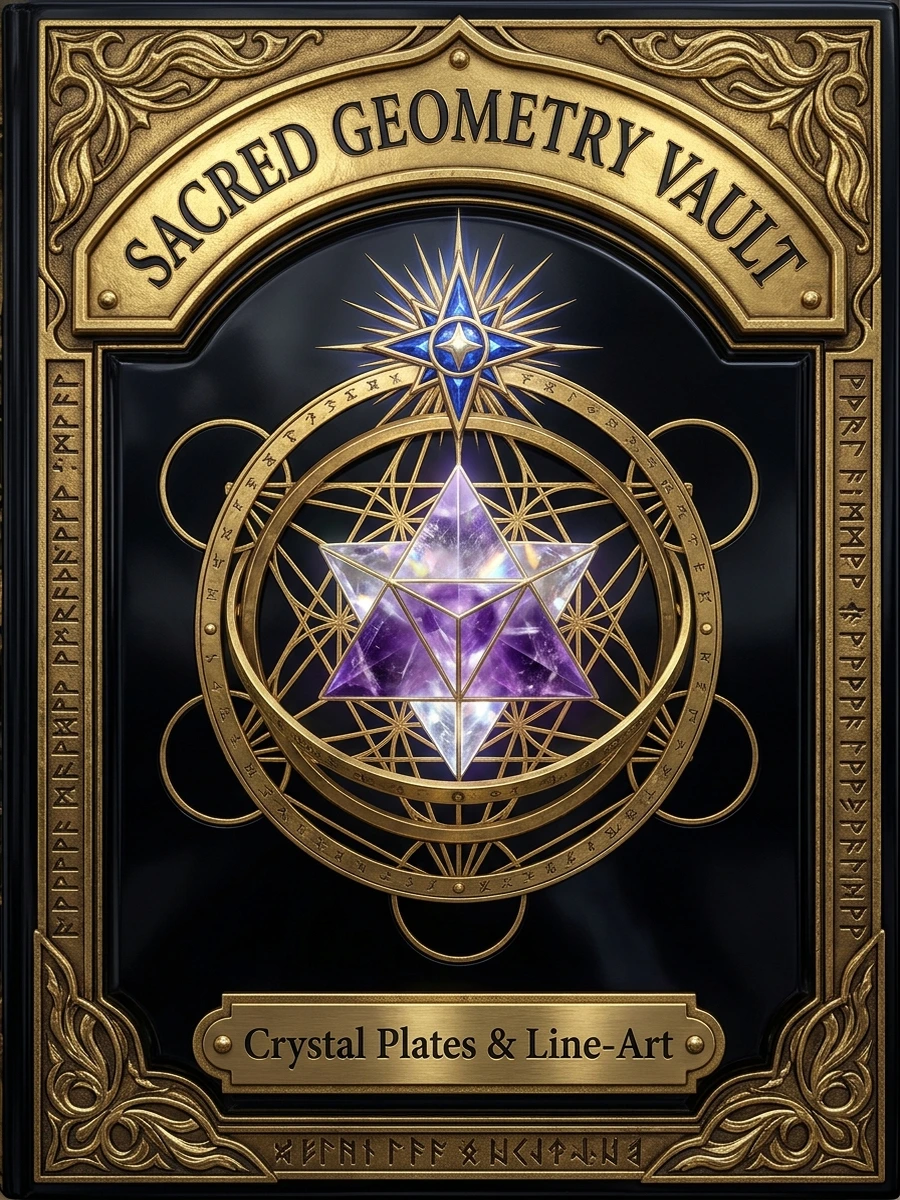 Sacred Geometry Crystal Plates and Line-Art Vault cover with 24k gold Metatron's Cube over emerald forest moss and quartz crystal