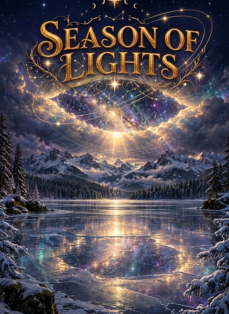 Season of Lights Winter Art Collection cover with a glowing cosmic eye in the clouds above a frozen mountain lake