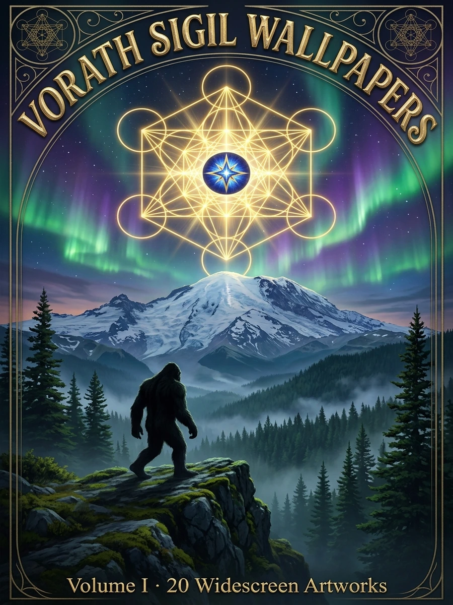 VORATH Sigil Wallpapers Vol. I cover with Pacific Northwest mossy ridge, Sasquatch silhouette, and glowing sacred-geometry eye sigil