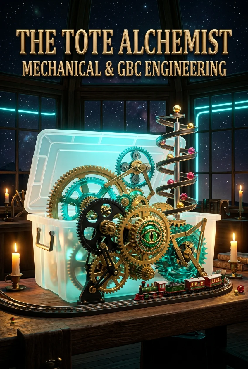 The Tote Alchemist Mechanical and GBC Engineering cover with brass and cyan gears around an emerald Eye dial